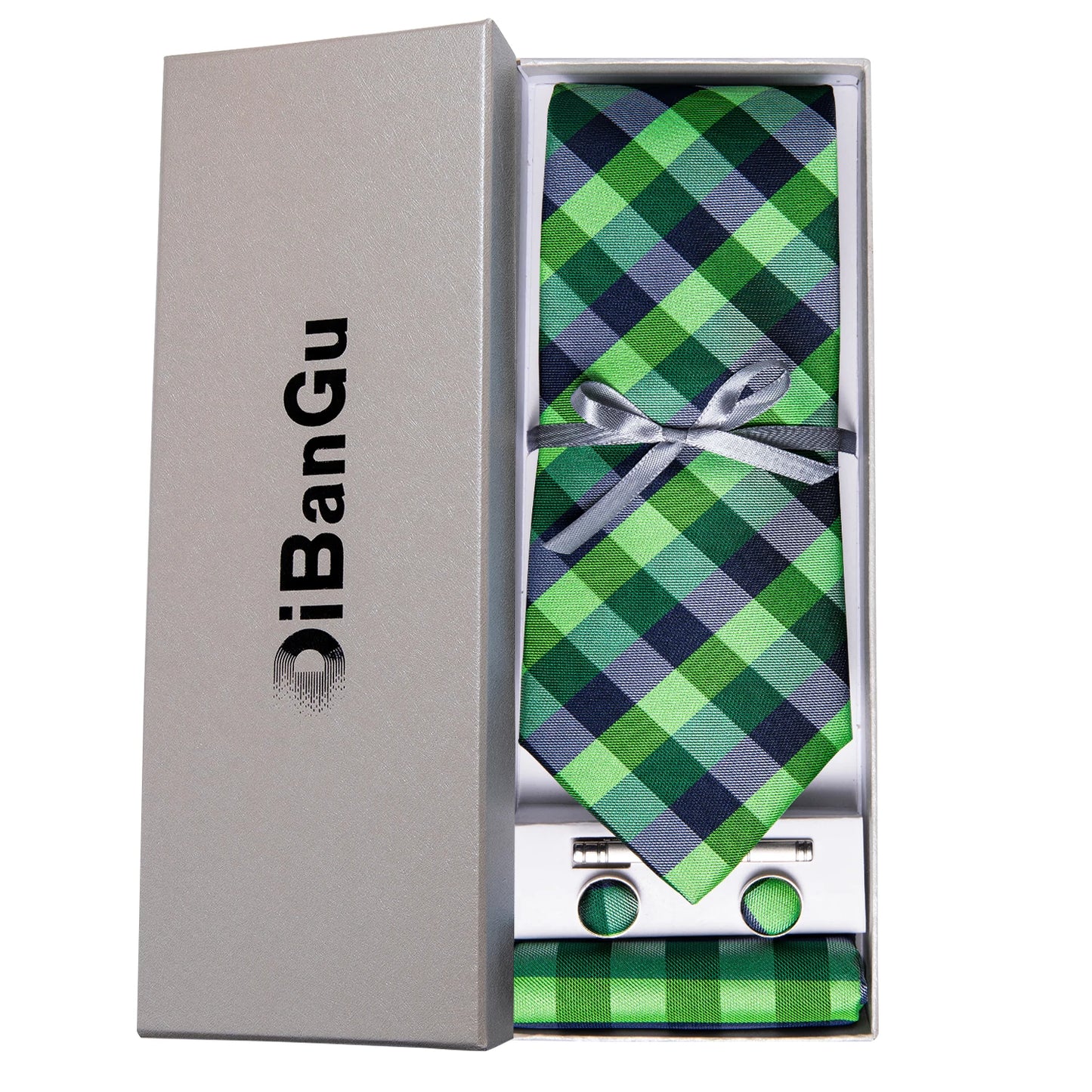 Solid Black Plaid Men's 8cm Polyester Neck Tie Handkerchief Cufflinks Set with Gift Box Tie Clip Birthday Anniversary Gift