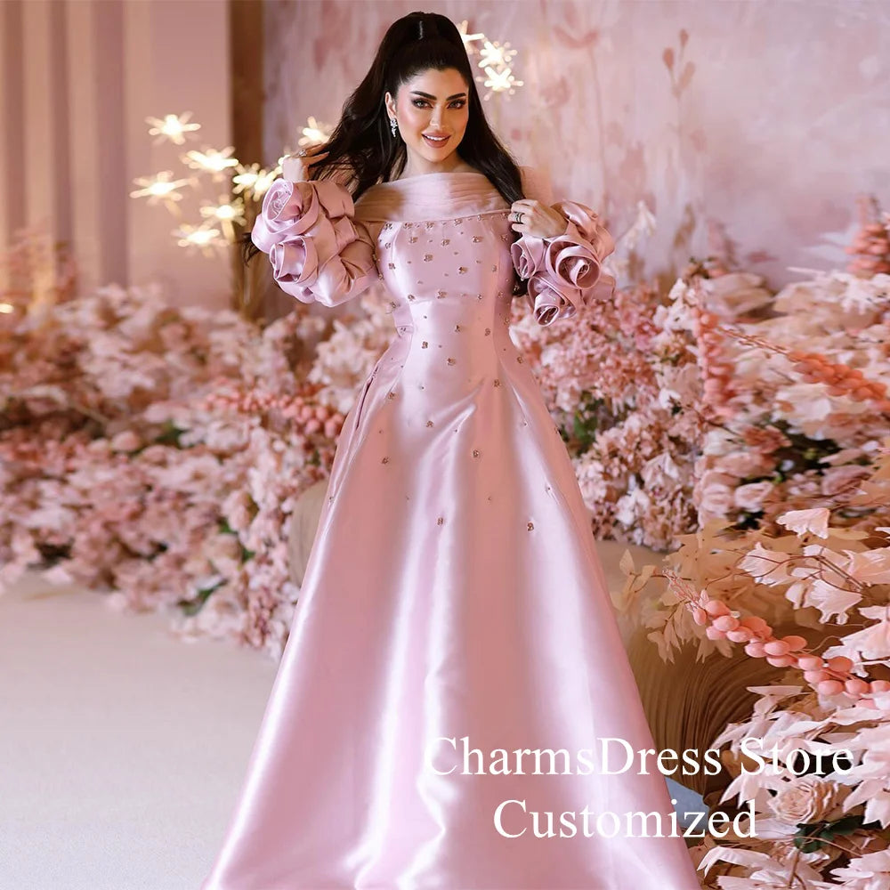 Pink Arabic Evening Dress Customized Boat Neck Flowers Long Sleeves Crystal A Line Satin Prom Gown Special Occasion Dresses