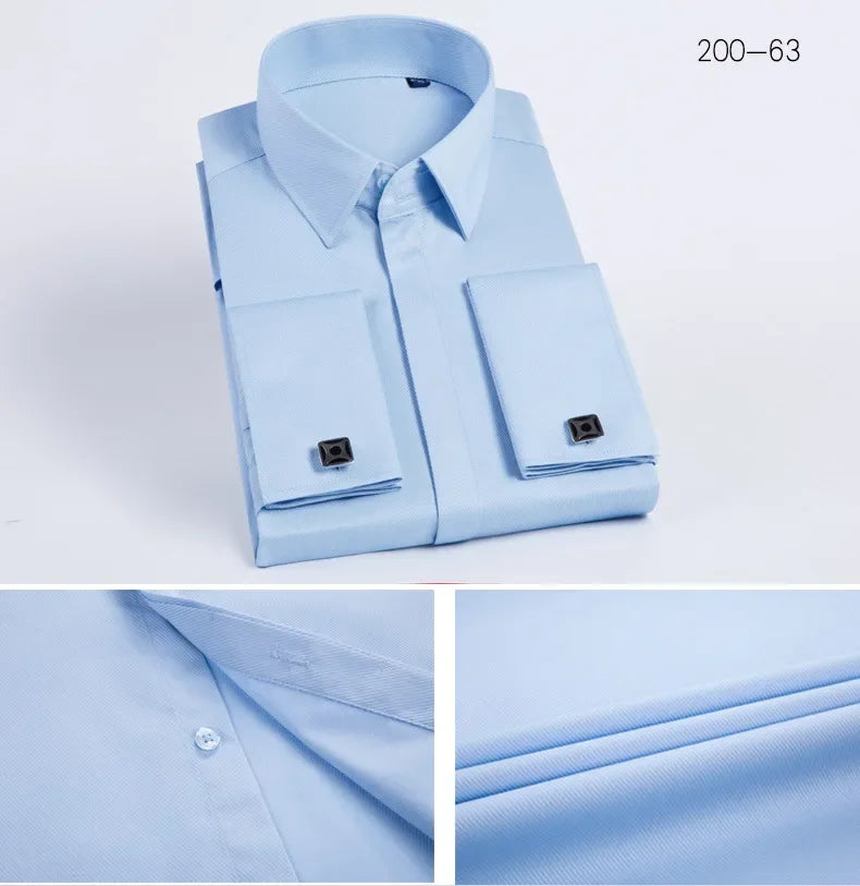 Spring Autumn Men's French Cufflinks Business Dress Shirt Sleeve Pin Solid Color Non-iron Shirts Slim Fit Party Men's Wear