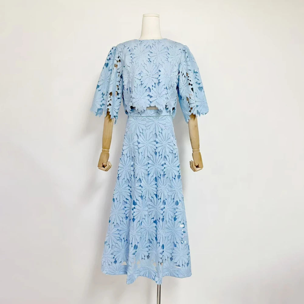 VGH Embroidery Two Piece Set for Women O Neck Batwing Sleeve Top High Waist Hollow Out A Line Long Skirt Elegant Suit Female New