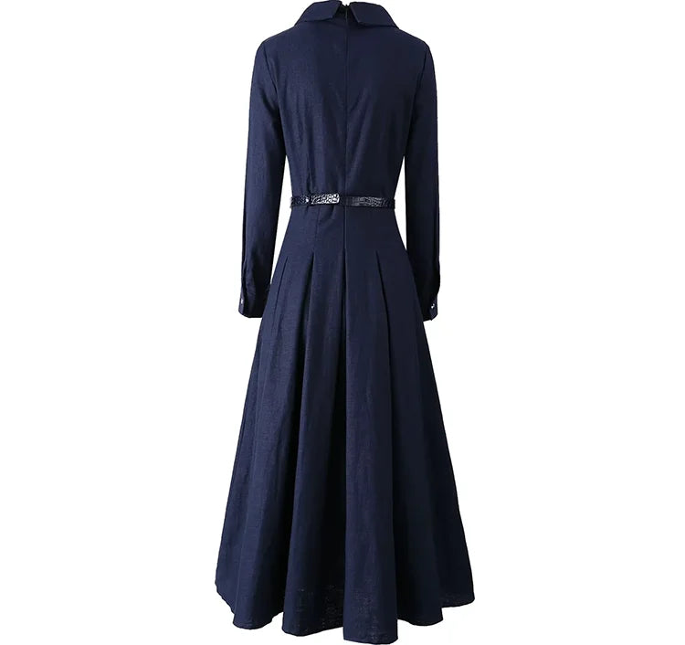 LD LINDA DELLA Elegant Commuter Solid Color Women's Dress Autumn Winter Turn-Down Collar Lace-UP linen long sleeves Dresses