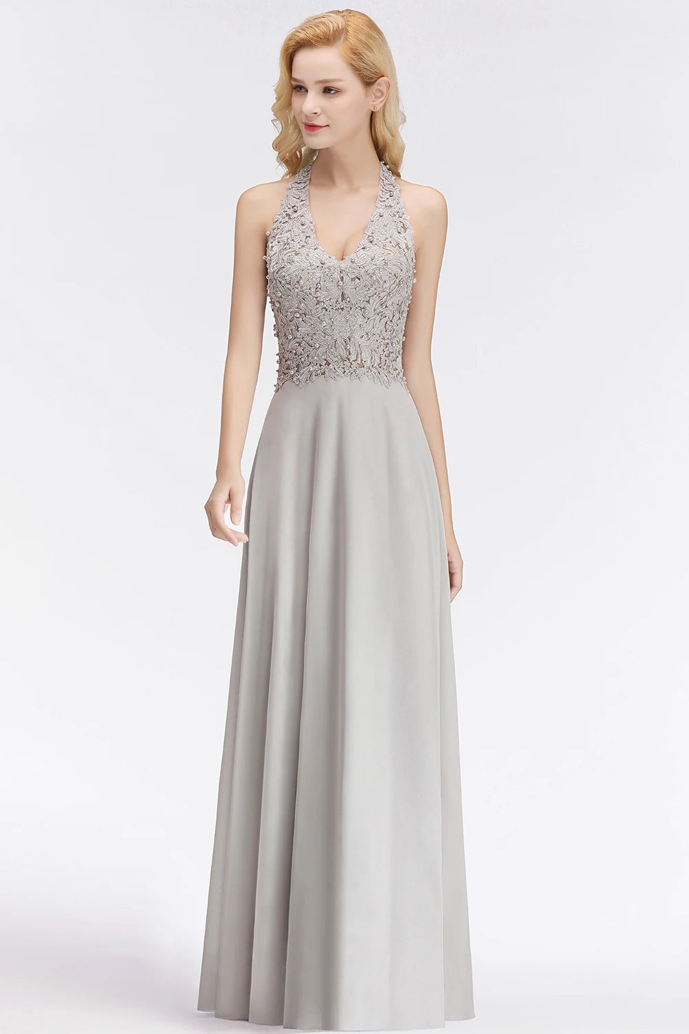 BABYONLINE Halter Neckline Lace Pearls Bodice Bridesmaid Dress Long Floor-length Skirt Chiffon Sexy Open Back Wedding Clothes