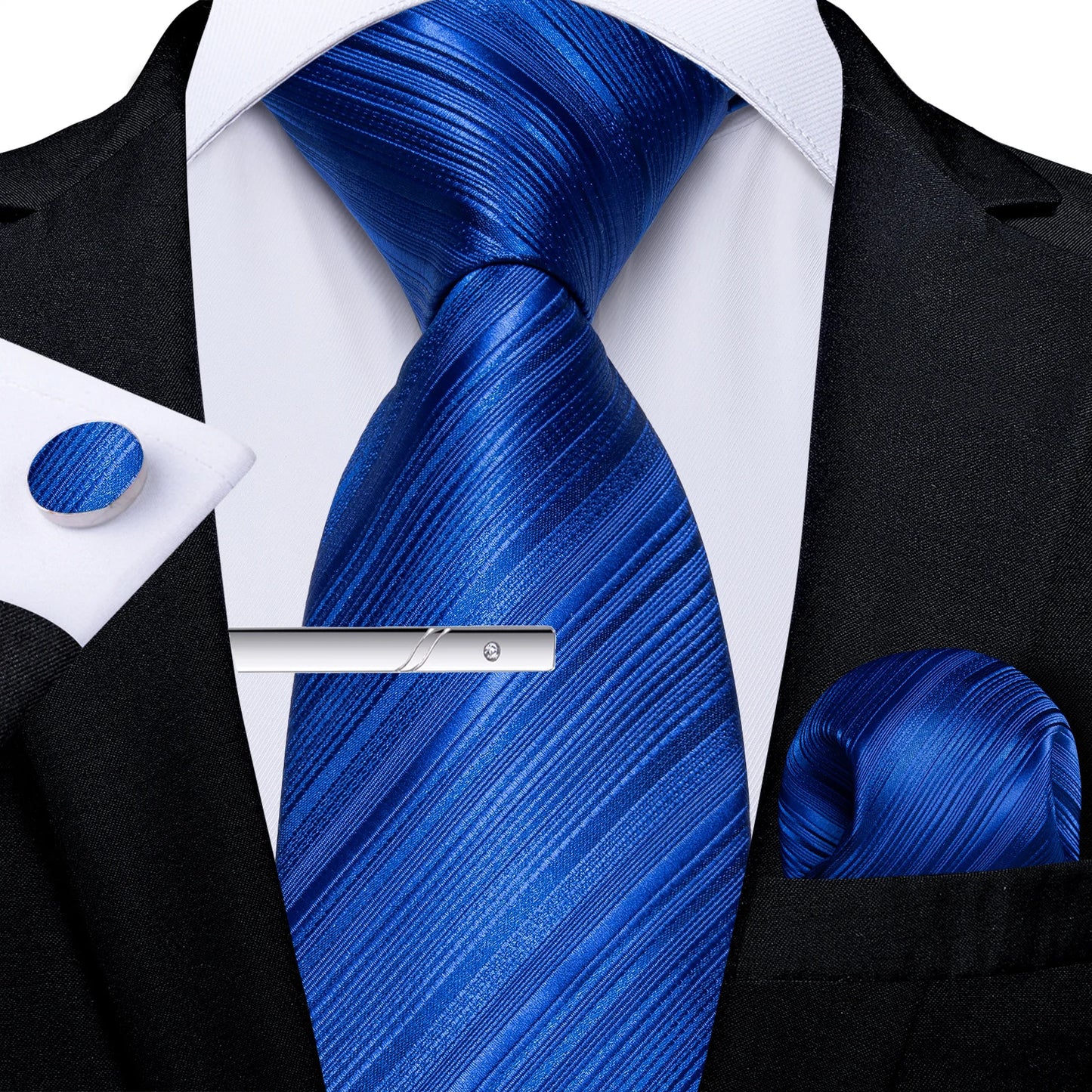 Men's Tie Set with Clip Luxury Retro Red Blue Floral 8cm Necktie Handkerchief Cufflinks Wedding Party Business Accessories Gift