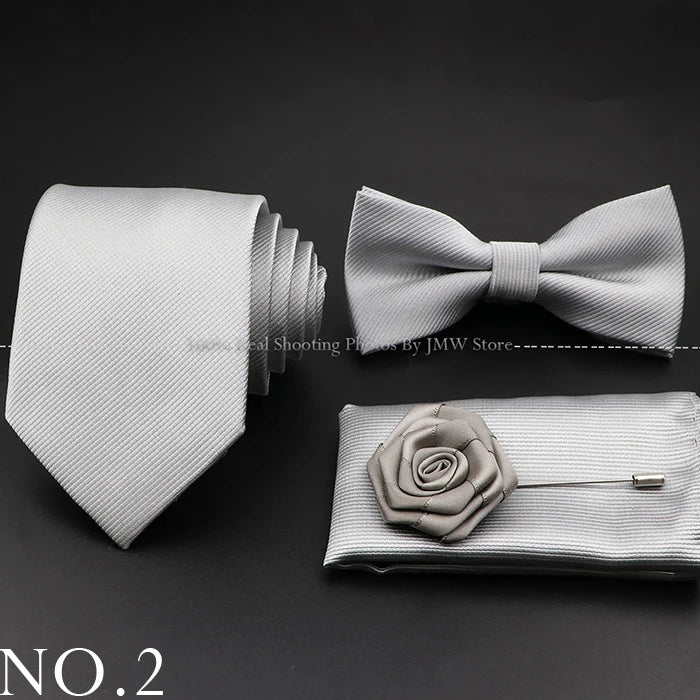 Hot Sale Red Blue Tie Set Polyester Slim Striped Necktie Bowtie Cufflink Brooch For Groom Suit Wedding Cravat Shirt Accessory