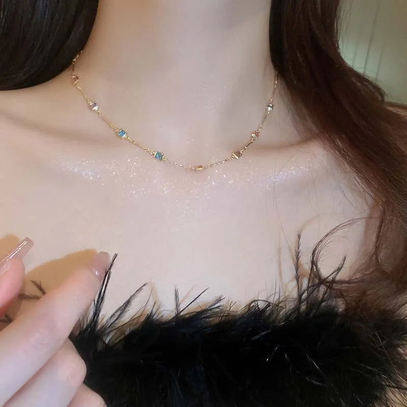 Hot Sale Colorful Square Rhinestone Necklace Fashion Exquisite Light Luxury Zircon Clavicle Chain Female Wedding Jewelry Gifts