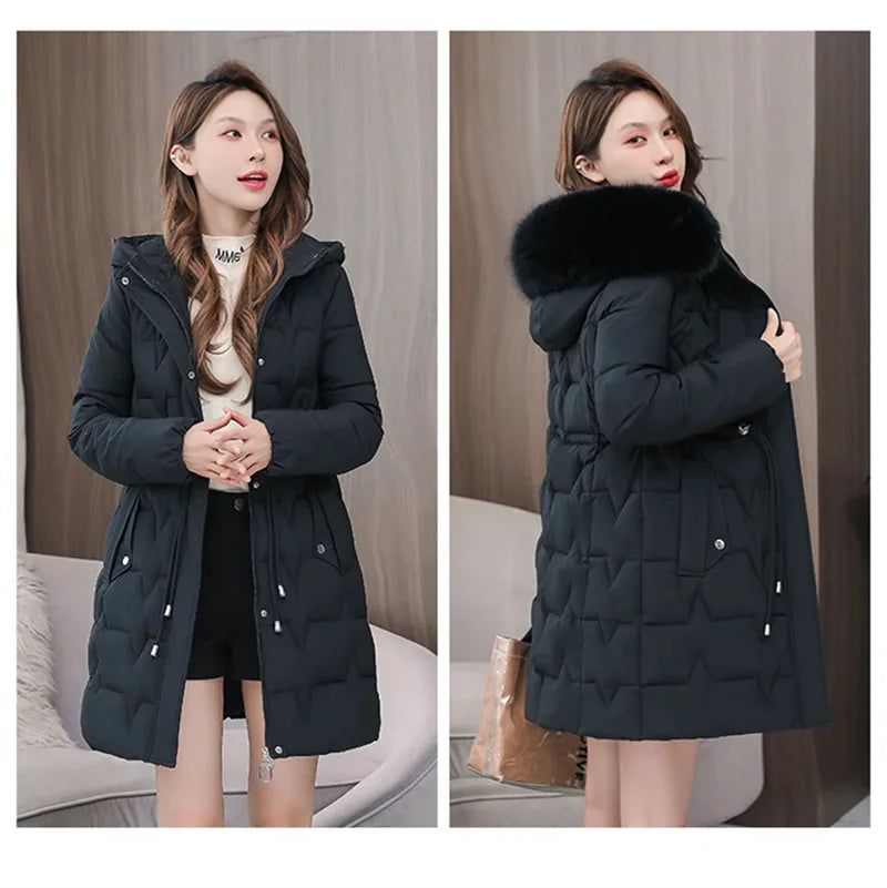 2025 New Winter Women Parka Fur Hooded Jackets Thicken Warm Cotton-padded Puffer Coat Casual Long Parkas Clothes Loose Outerwear