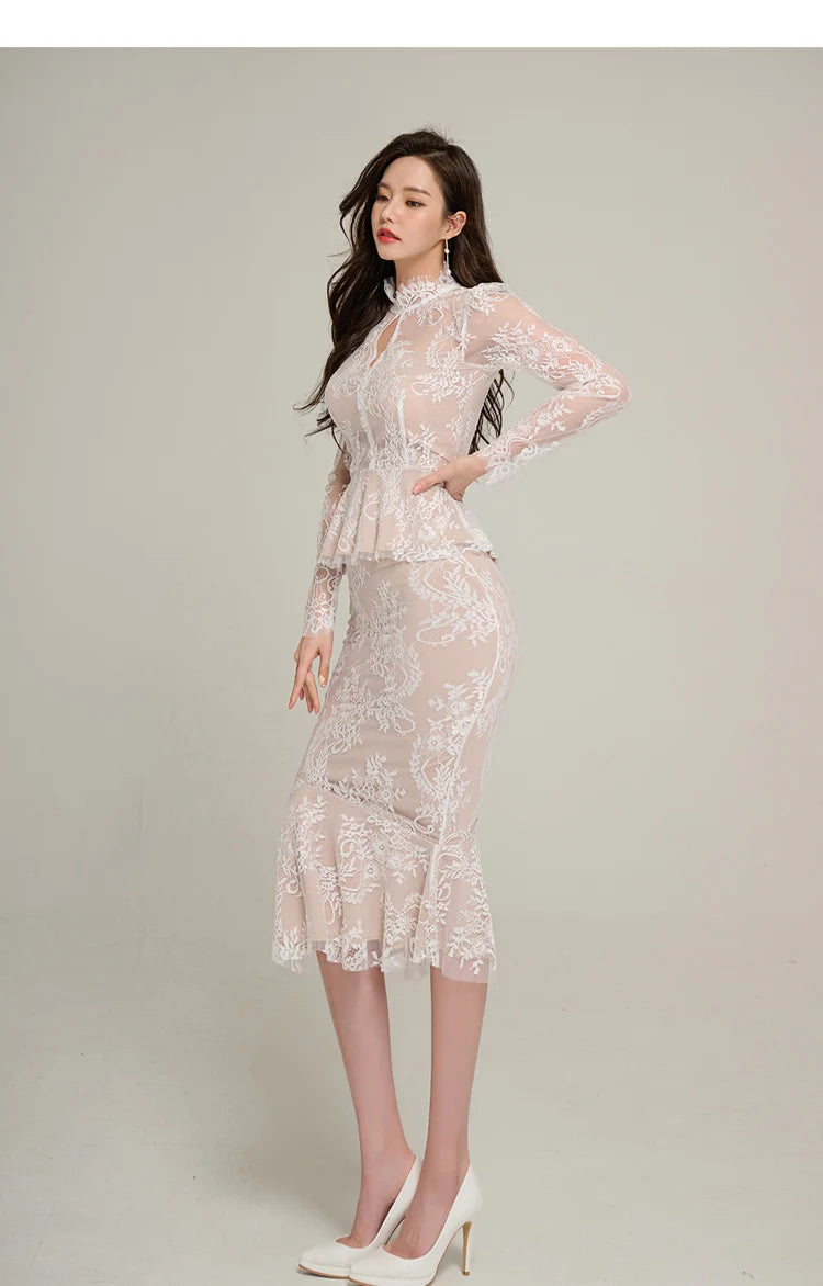 Spring Professional Woman Lace 2 Pieces Set Simple Tops + Vintage High Waist Mermaid Skirt Korean Skirts Suits