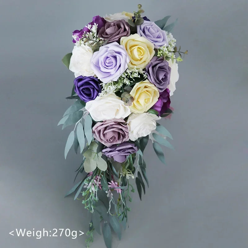45X22CM Artificial Flower Bundle Bride Water Drops Holding Flowers Wedding Supplies Rose Silk Flower Wedding Photography Props