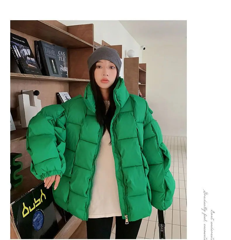 Winter Jackets for Women 2025 Thick Warm Loose Fashion Quilted Jacket Women Interchange Design High Street Green Winter Coat