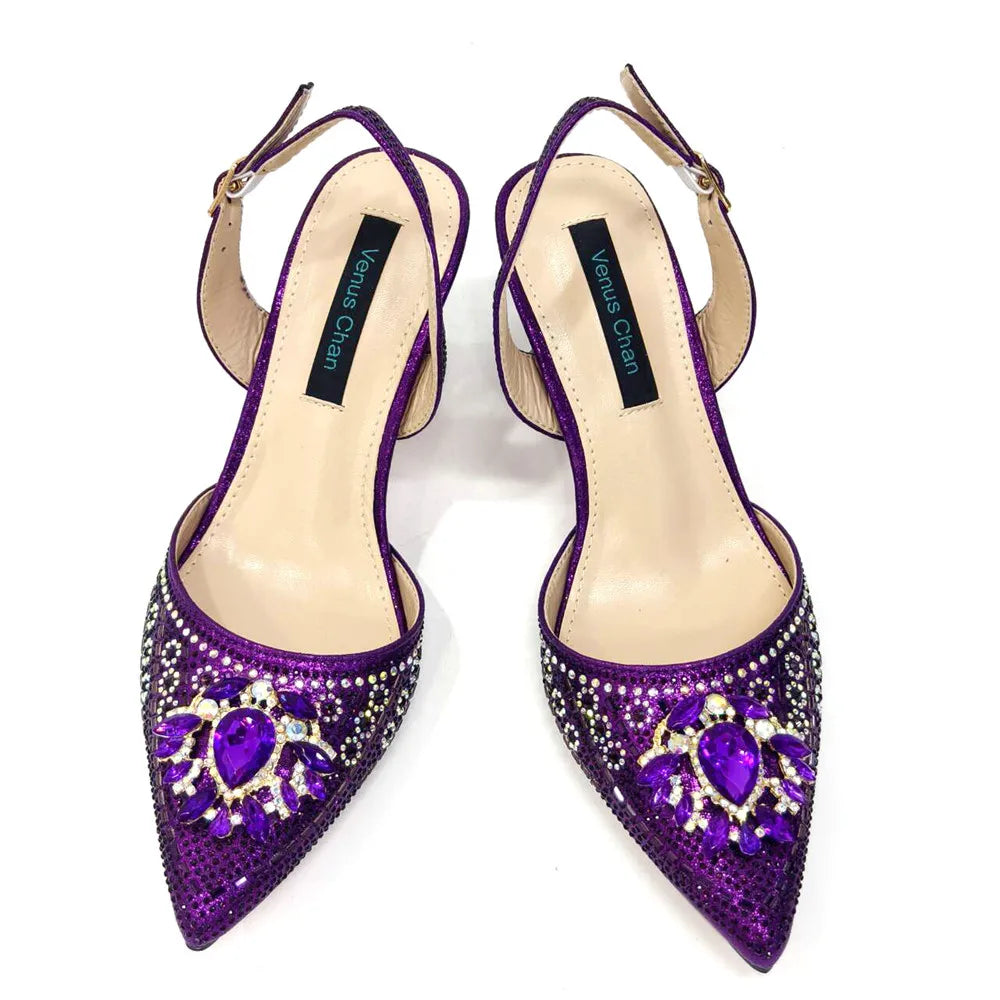 Nigerian Heel Party for Women Blue Color Shoes and Bag Set Rhinestone Handbag Italian Design Wedding INS 2025