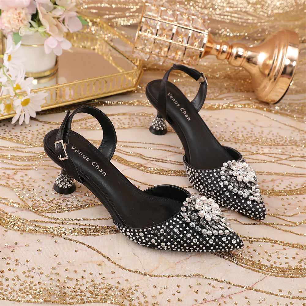 Luxury Elegant High Heels Royal Blue Color Diamond Embellished Pointed Toe Women's Shoes for Wedding Party Casual 2025 Style