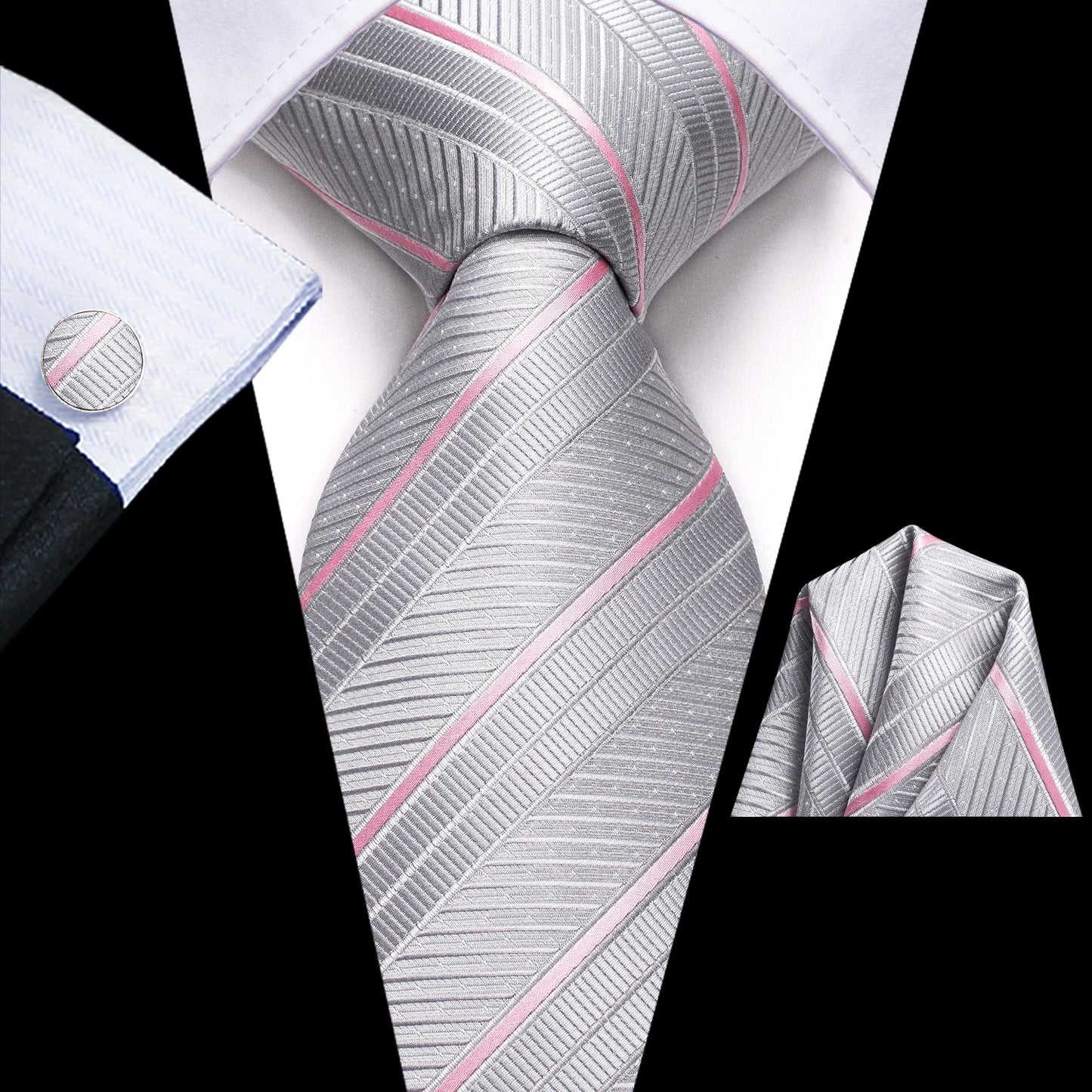 Hi-Tie Striped Black Purple Red Green Men Elegant Necktie Hanky Cufflinks for Tuxedo Fashion Classic Silk Luxury Tie for Man