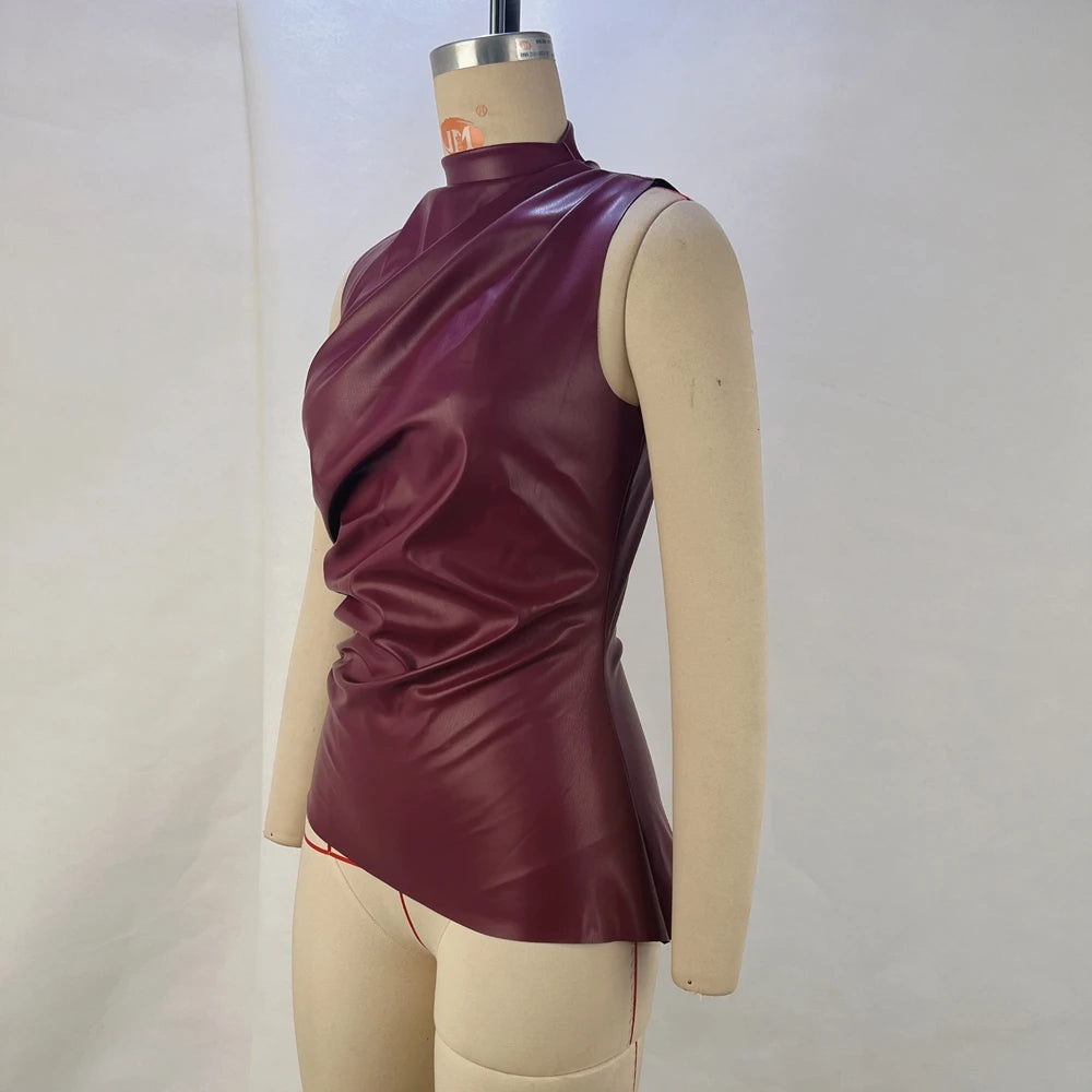 New Fashion Solid Color Leather Stacked Collar Personalized Waist Straightening Sleeveless Top For Women