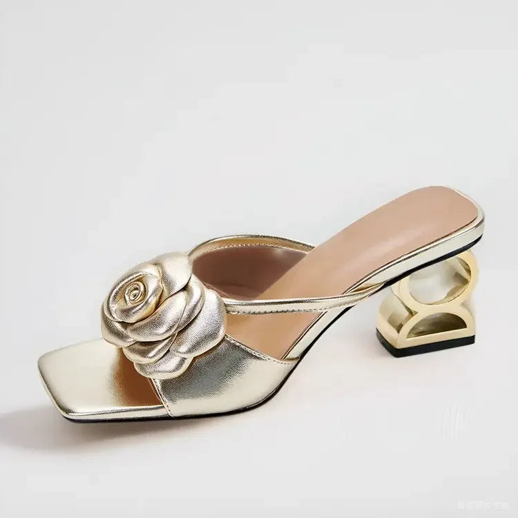 Women Shoes 2025 New Summer Big Size 34-42 Fashion Flowers Black Beige Gold Dress Party Wedding Female Sandals Shoes