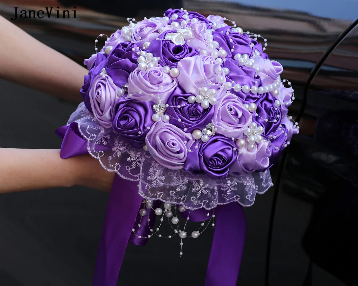 JaneVini Stunning Pearls Purple Flowers Bridal Bouquets Ribbon Handle Artificial Satin Roses Bride Bouquet Wedding Accessories