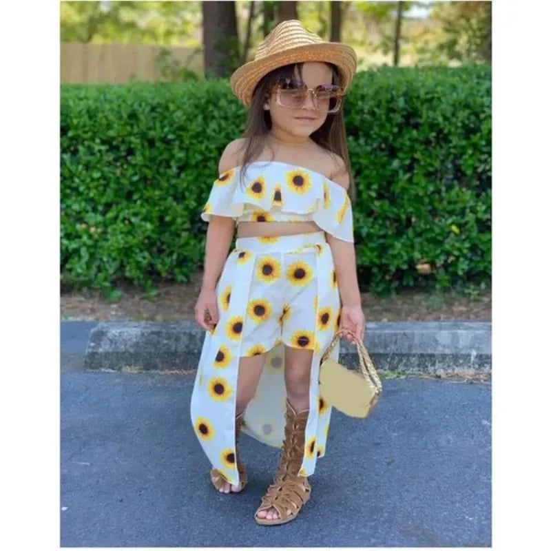 Kids Girls Clothing Sets Floral Print Off Shoulder Crop Top and Culotte Skirt Suits ( Not Include Hats, Bags,Glasses)