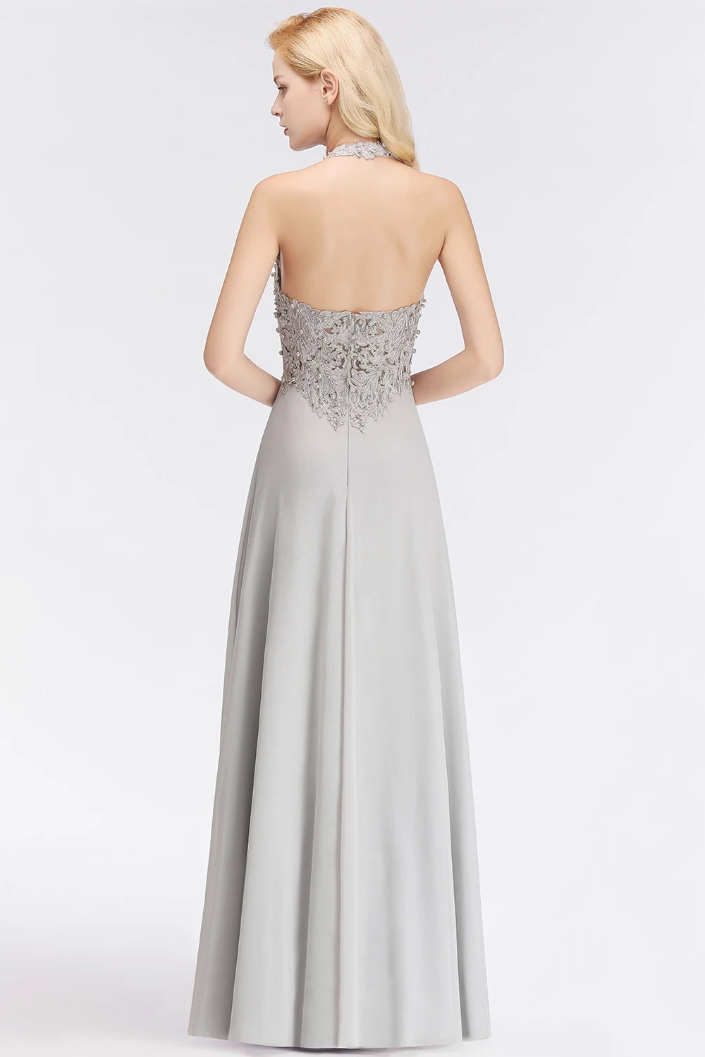 BABYONLINE Halter Neckline Lace Pearls Bodice Bridesmaid Dress Long Floor-length Skirt Chiffon Sexy Open Back Wedding Clothes