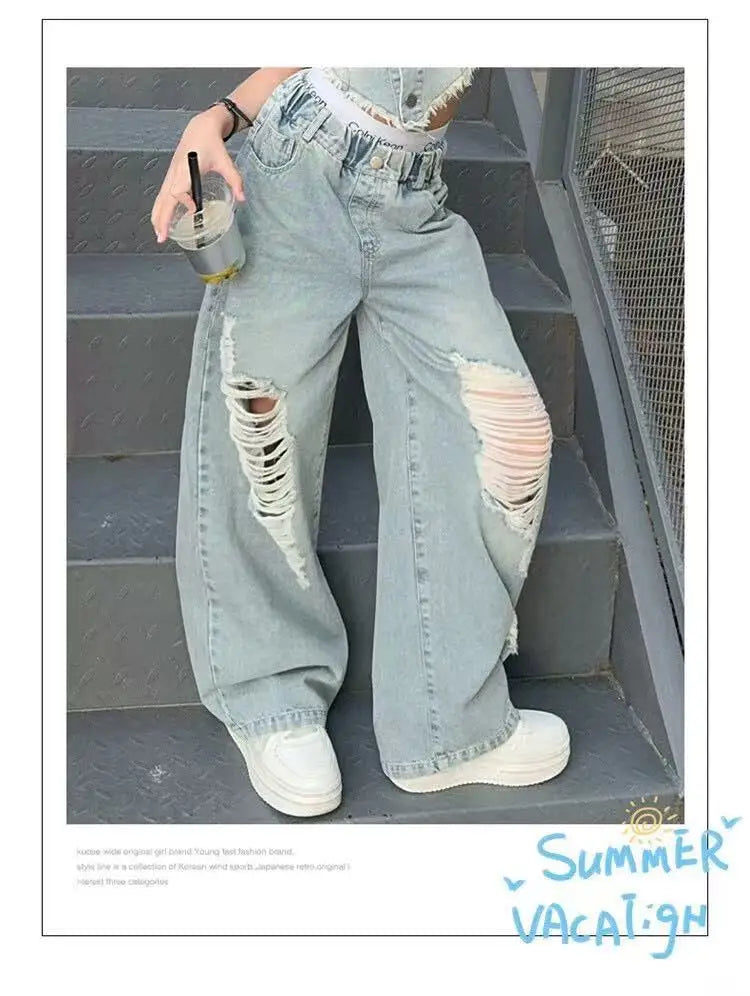 Girl Summer 2025 Halter Vest Ripped Wide-Leg Pants Two-Piece Set Kids Casual Harbor Flavor Simple Style