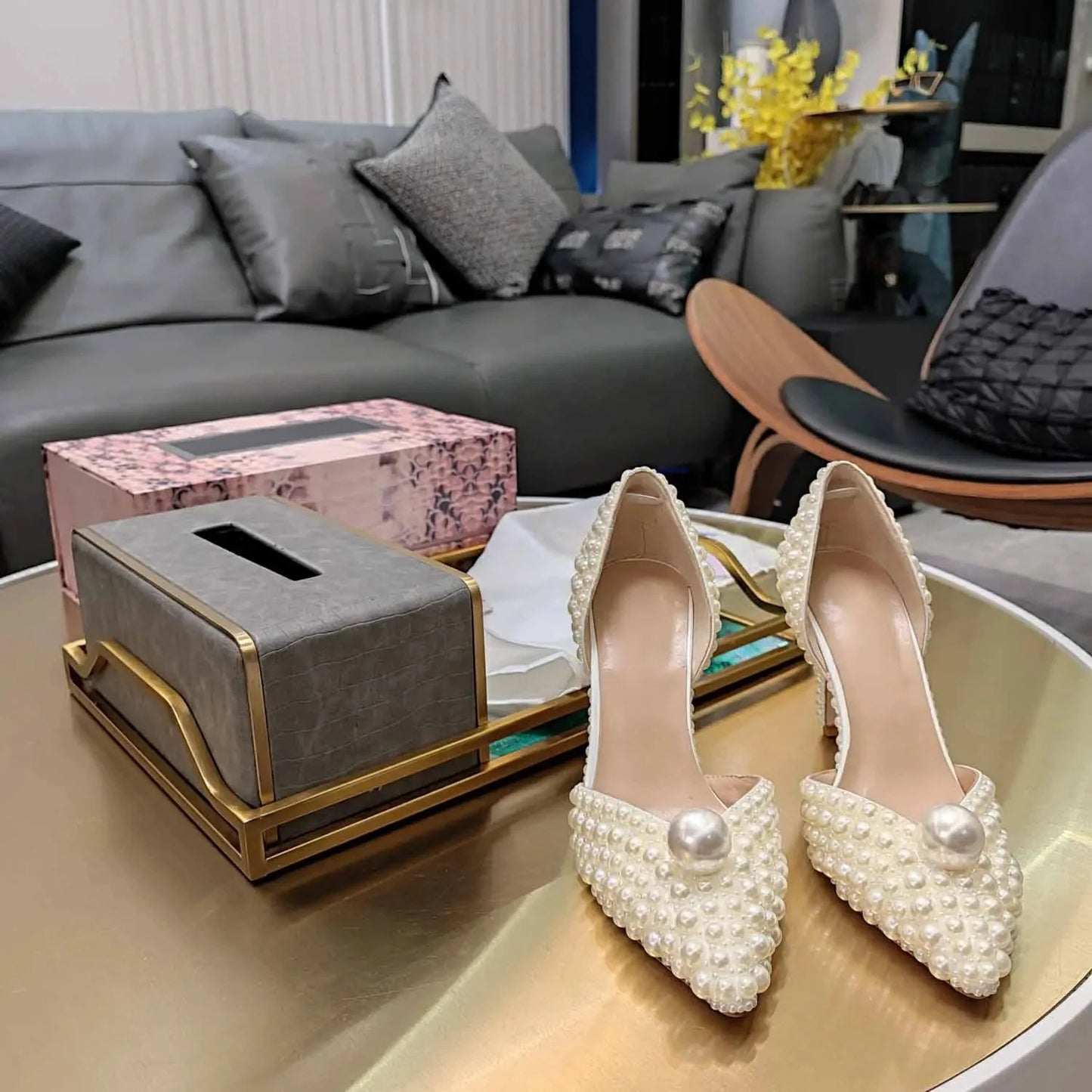 Summer Sandals Classic Women Shoes Round Toe High Heels Pearl Decor Genuine Leather Buckle Strap Women Sandals Sapato Feminino