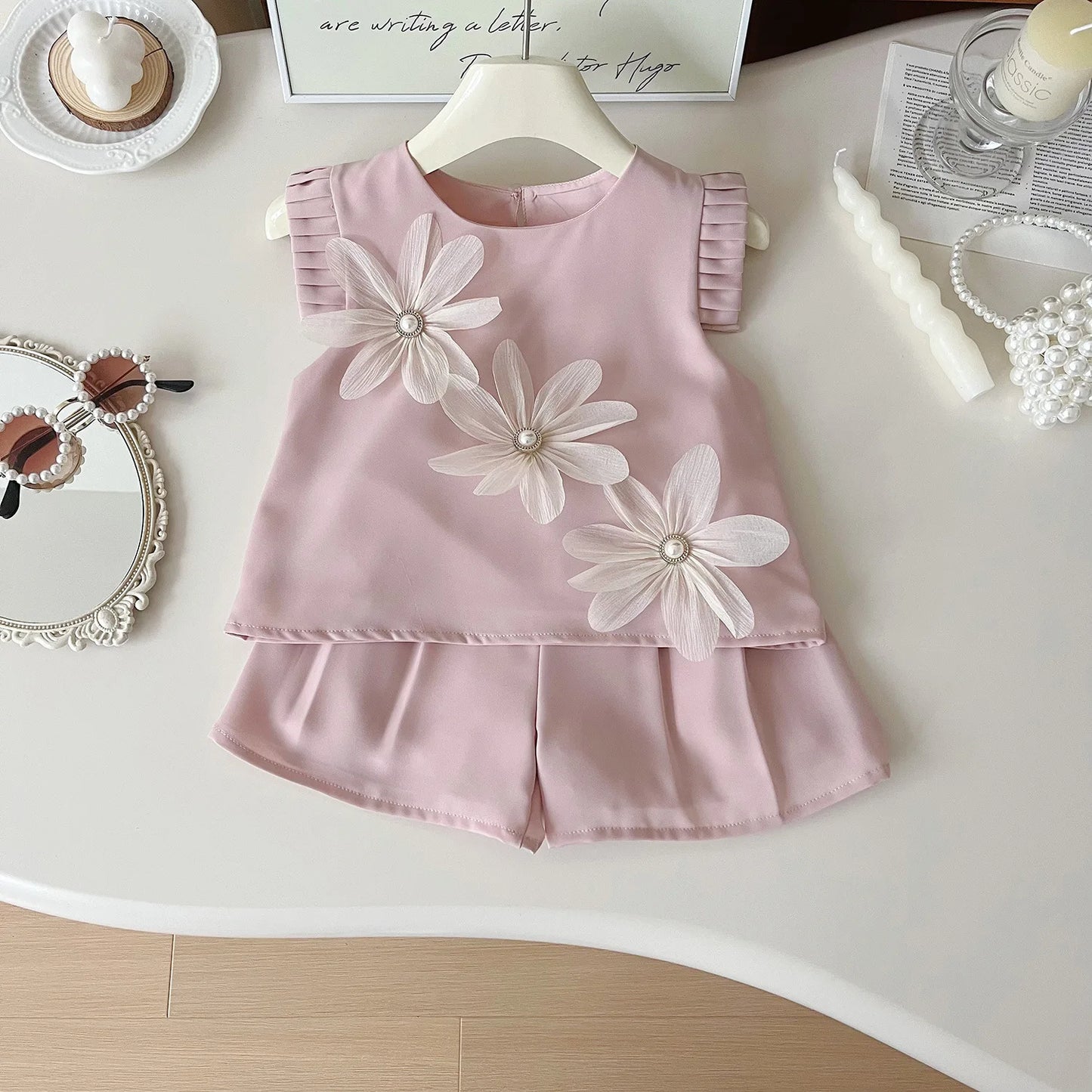 New Baby Girls 2Pcs Summer Clothing Set Three Flowers Short Sleeve T-shirt Shorts Toddler Children's Girl Casual Outfit Suit