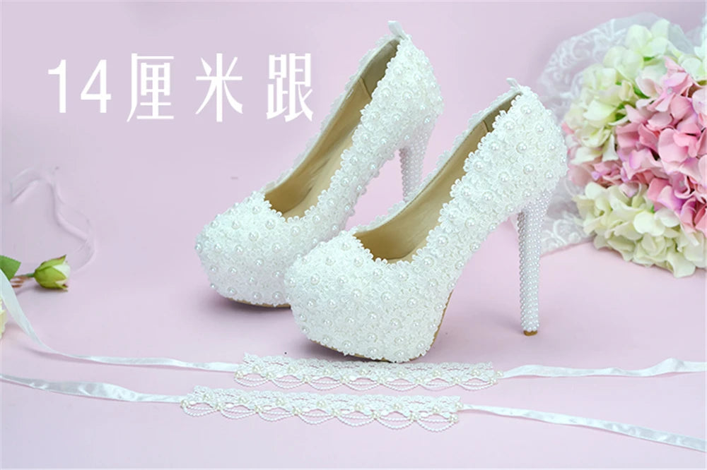 Spring round head shallow pearl lace with waterproof platform wedding shoes thin high-heeled banquet dress large size women shoe