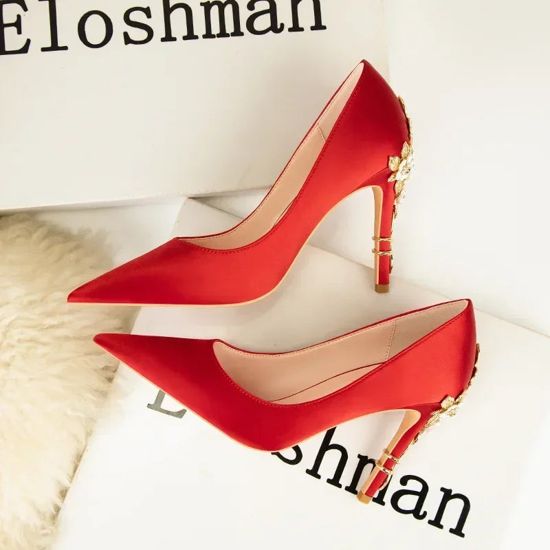 Women's Metal Flowers Stiletto High-heel Shoes Female Light Luxury Sexy Fashion Wedding Shoes Pointed Toe Satin Single Shoes