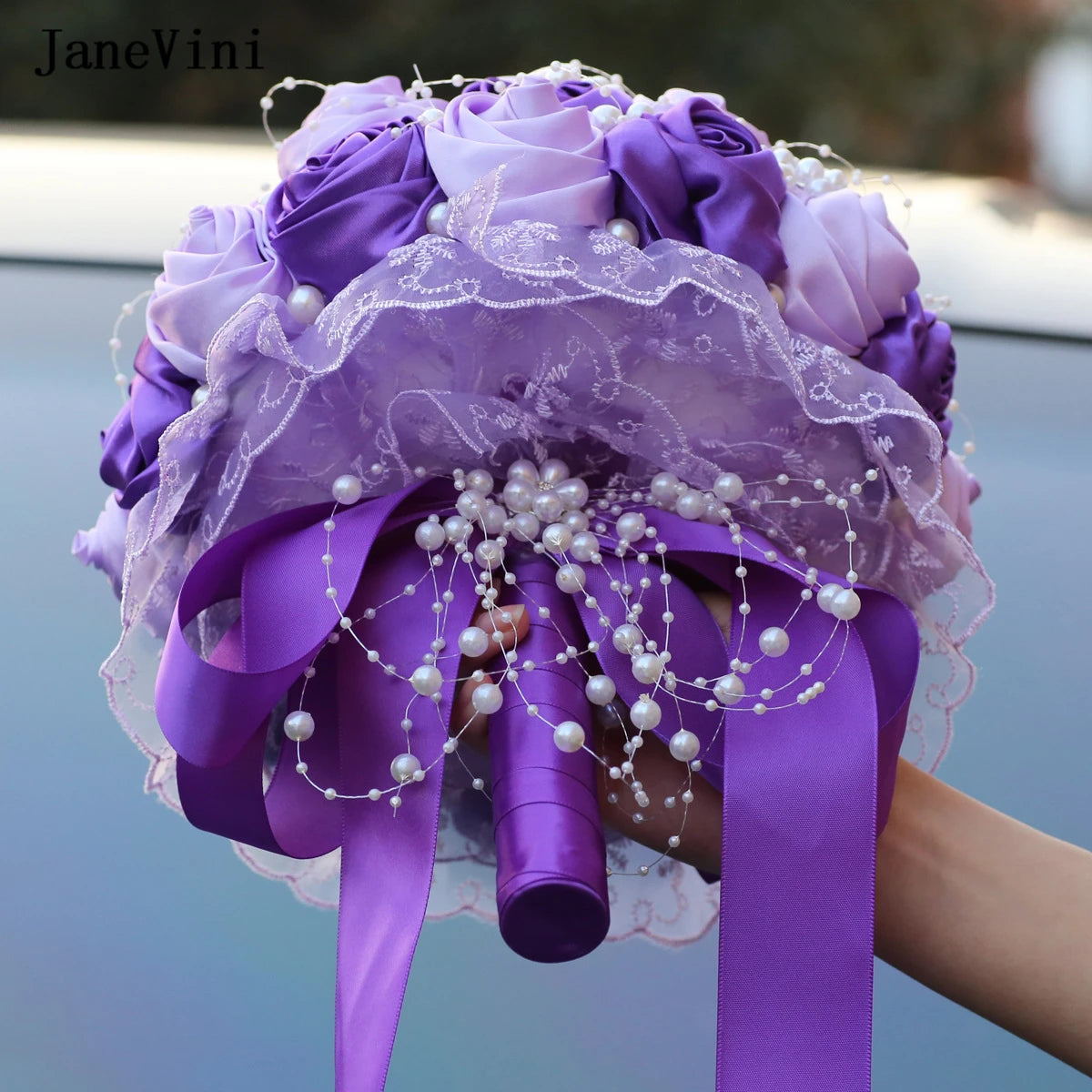 JaneVini Stunning Pearls Purple Flowers Bridal Bouquets Ribbon Handle Artificial Satin Roses Bride Bouquet Wedding Accessories