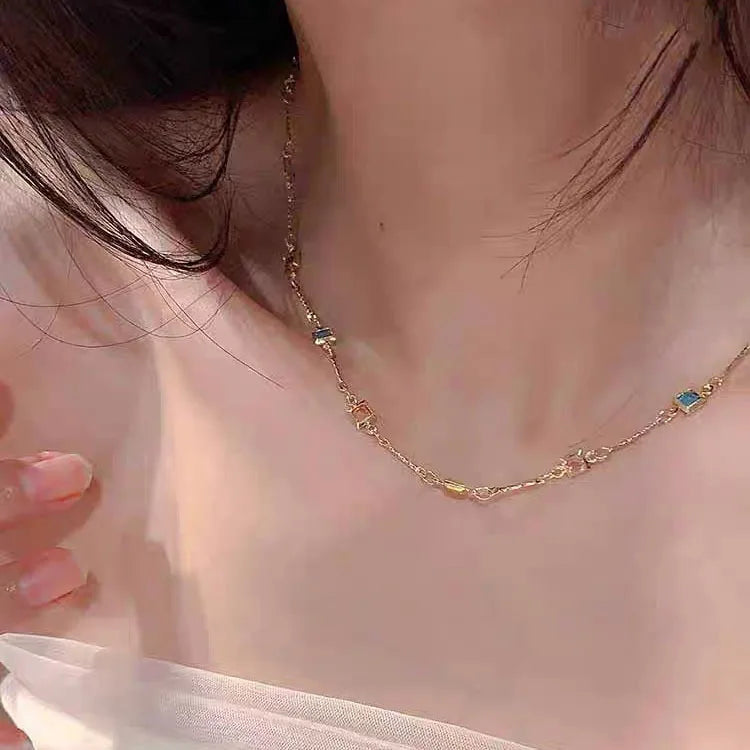 Hot Sale Colorful Square Rhinestone Necklace Fashion Exquisite Light Luxury Zircon Clavicle Chain Female Wedding Jewelry Gifts