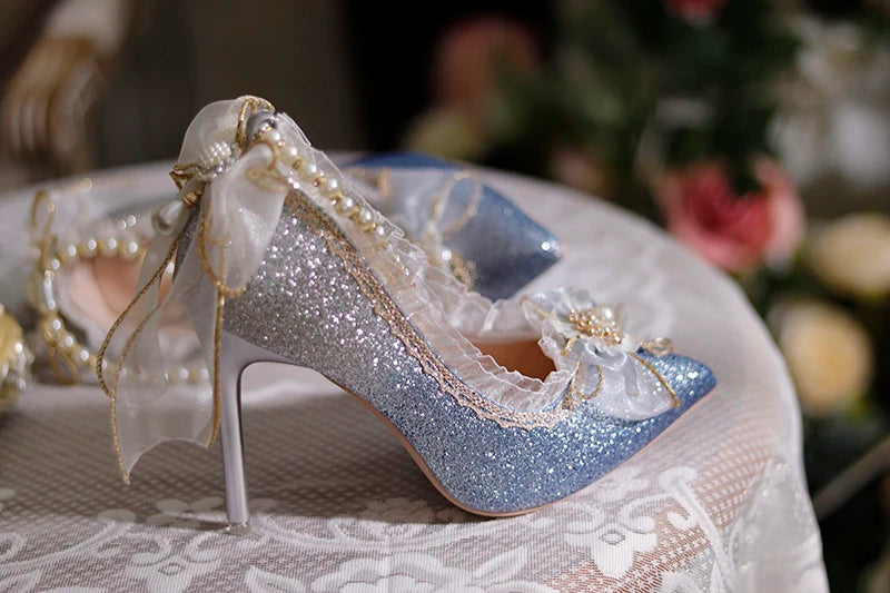 Lolita High Heels One Night Story Lolita Shoes Shiny Pointed High Heels Flower Wedding Ceremony 18 Year Old Slim Heels