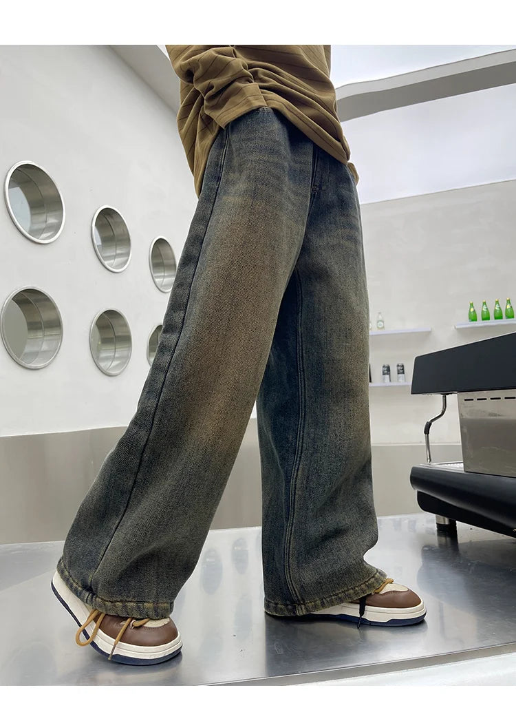 Autumn Winter School Boy Insulate Jeans Denim Pants Streetwear Child Retro Blue Straight Cut High Waist Warm Thermal Trousers
