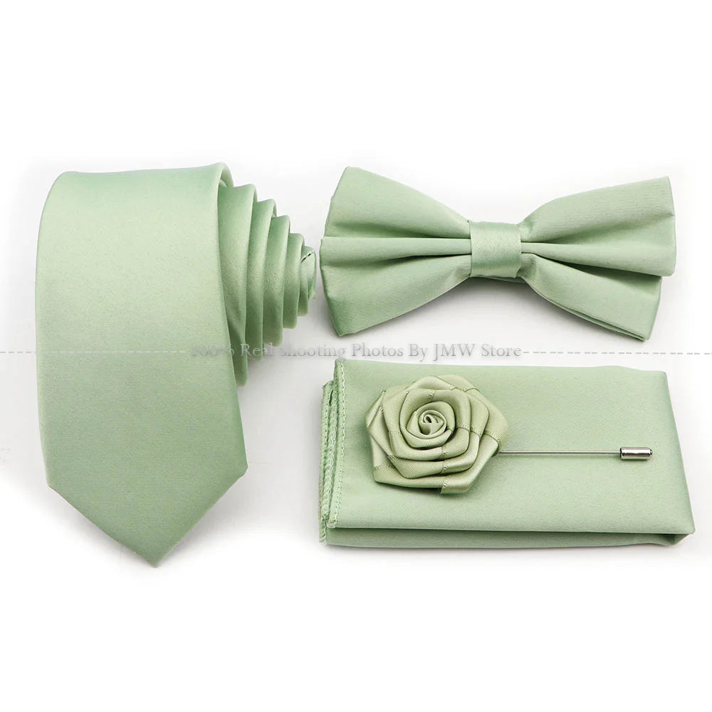 Hot Sale Purple Pink Sage Green Tie Set Polyester Necktie Bowtie Cufflink Brooch For Groom Suit Wedding Cravat Shirt Accessory