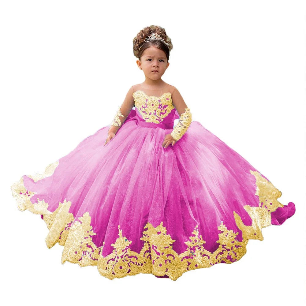 Gold Lace Appliqué Flower Girl Dresses For Wedding Full Sleeves Princess First Communion Dress Toddlers Long Birthday Party Gown
