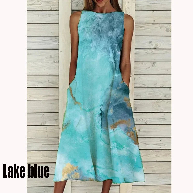 2023 Summer Women Clothing Fashion Elegant Sleeveless Print A-Line Dress Round Neck Casual Party Dresses Girls Sweet Dress