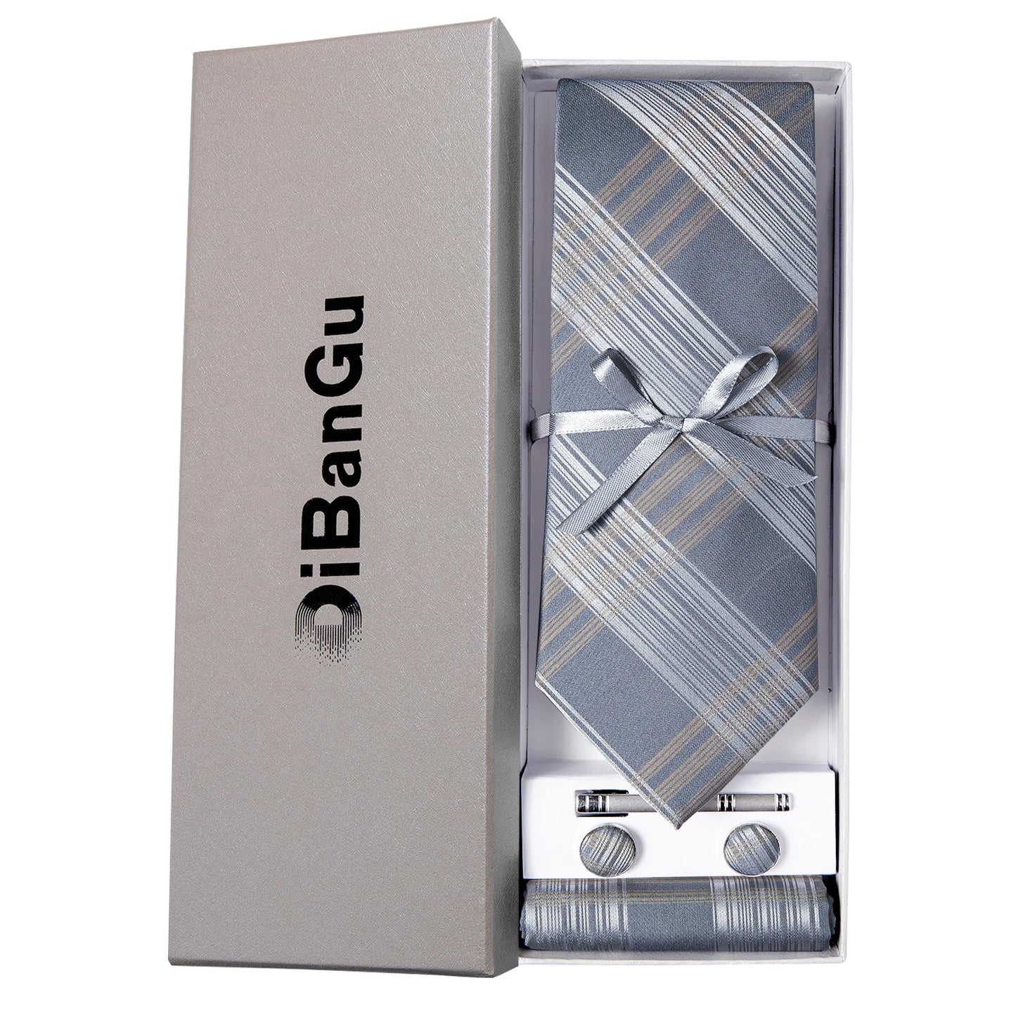 Solid Black Plaid Men's 8cm Polyester Neck Tie Handkerchief Cufflinks Set with Gift Box Tie Clip Birthday Anniversary Gift