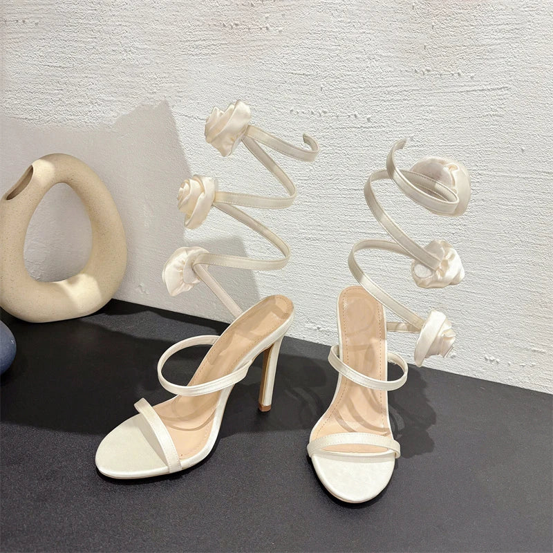 Liyke Elegant Women Wedding Banquet Shoes Fashion Silk Flowers Designer Sandals Female Open Toe Slip On Ankle Strap High Heels