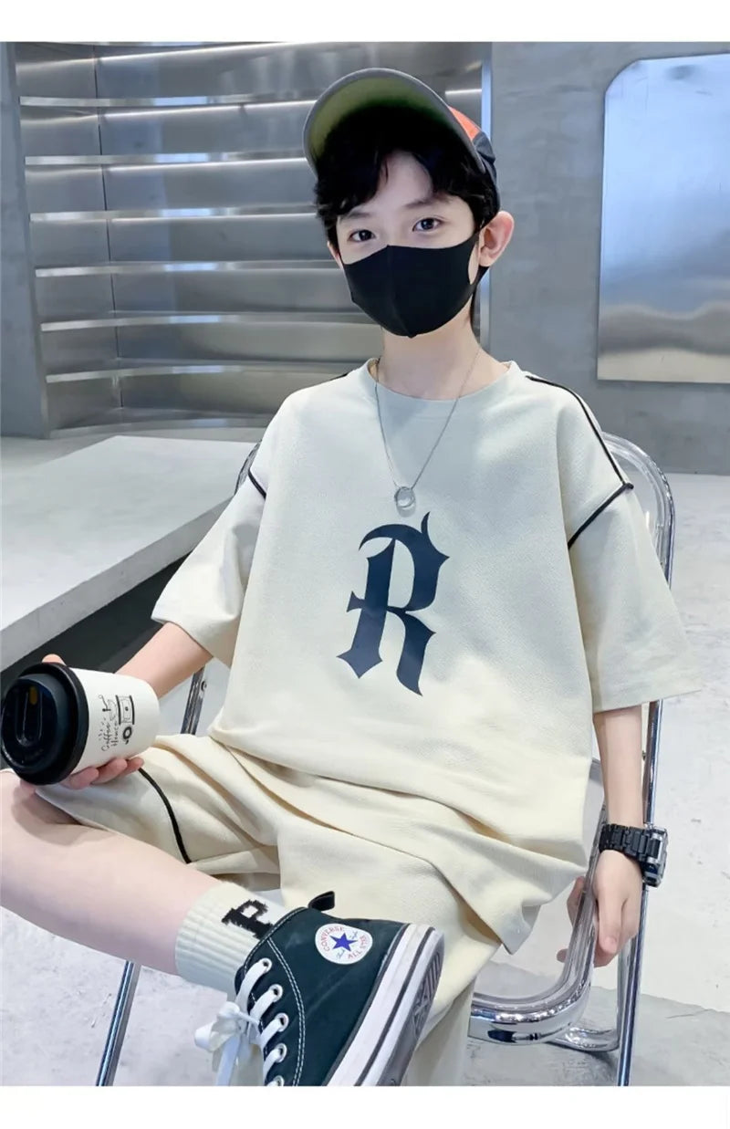 Boys Loose Casual Clothing Sets Summer Big Kids Sportwear Suits Short Sleeve Tops+Shorts 2Pcs Children Fashion Outfits 5-14 Year