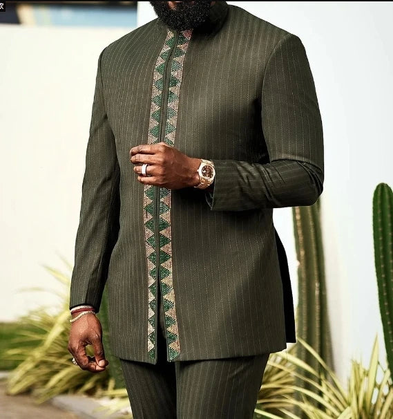 Kaunda Men's Suits Kaftan Outfits Round Neck Striped Print Long-sleeved African Ethnic Style Men's Sets Traditional Clothing