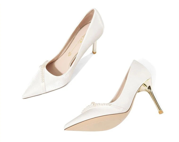 Women's Summer Footwear Bride Pumps Shoes for Woman 2024 Wedding Shoe on Heeled Pointed Toe Pearl Stilito High Heels Popular 39