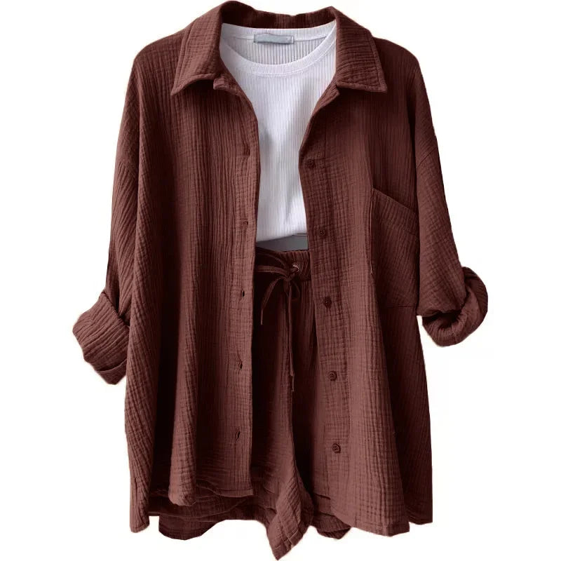 Short Sets Women Tracksuit Single Breasted Cardigan Blouses Two Pieces Shorts Loose Button High Street Solid Pockets Folds