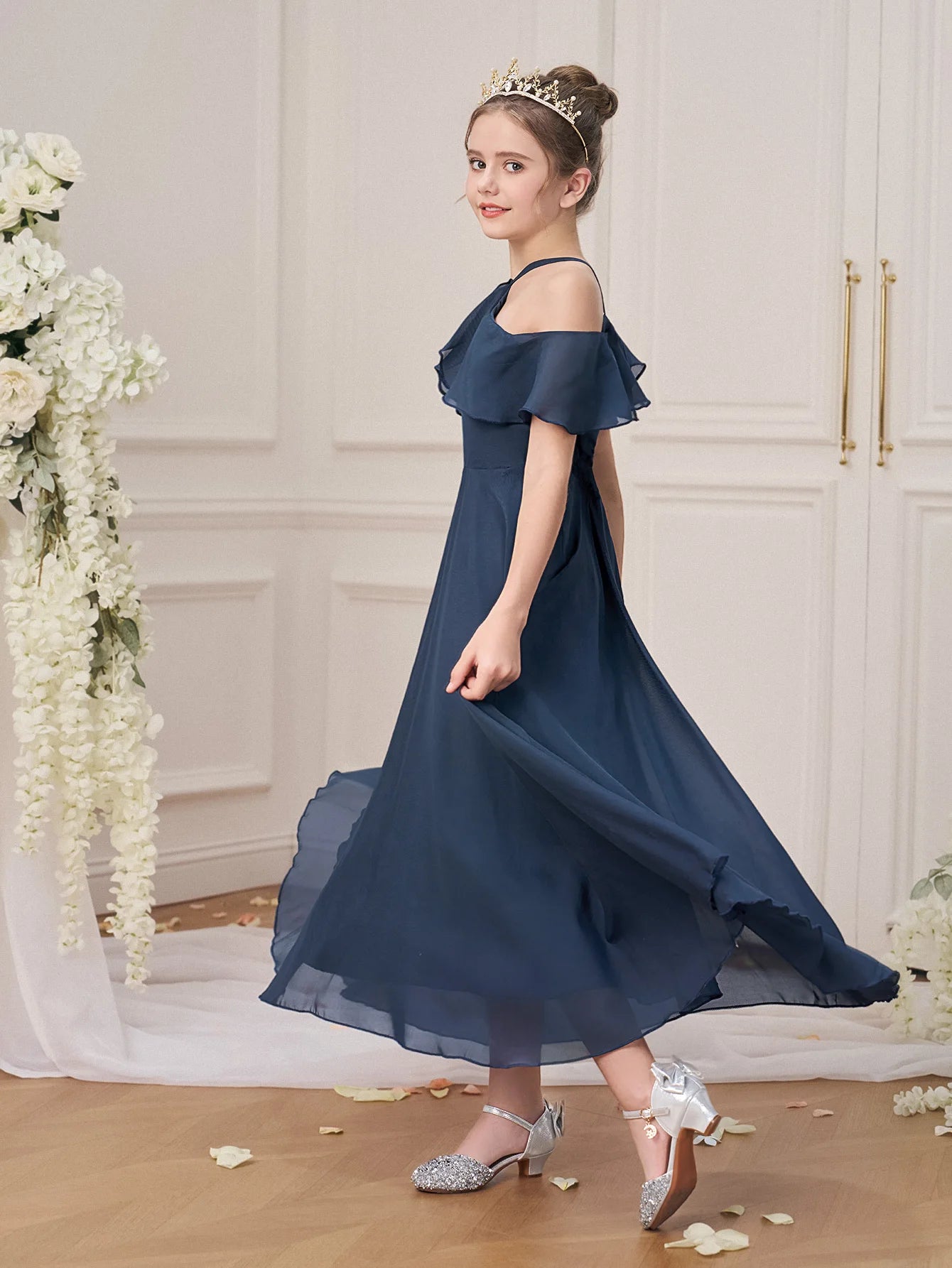 Ruffle Girls Party Bridesmaid Strap Dress off Shoulder Long Wedding Princess Prom Dresses Kids Elegant Beach Birthday Evening