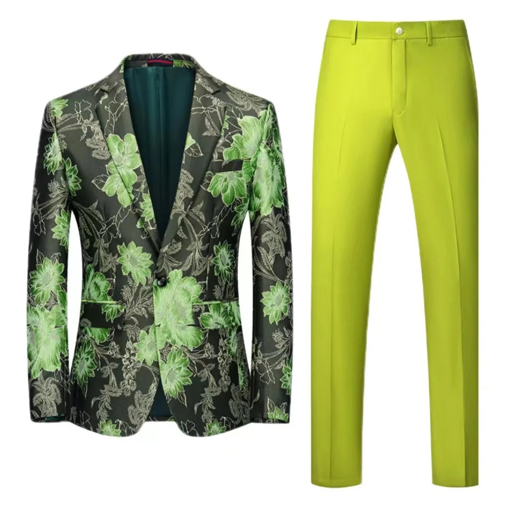 Men Suit 2 Pieces Orange Flower Pattern One Button Business Casual For Wedding Birthday Party Set Jacket And Pants
