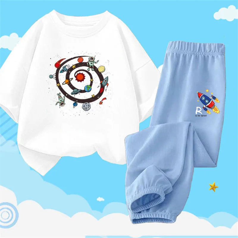 Boys Summer Clothes Set Kids Cartoon Space T shirts+Loose Harlan pants Suit 2PCS Pack Teens Sports Clothing Sets