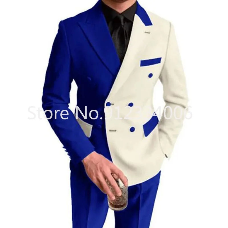 Elegant Black White Men Suit Slim Fit Peak Lapel Double Breasted 2 Piece Formal Groom Wedding Tuxedos Blazer+Pants Costume Homme