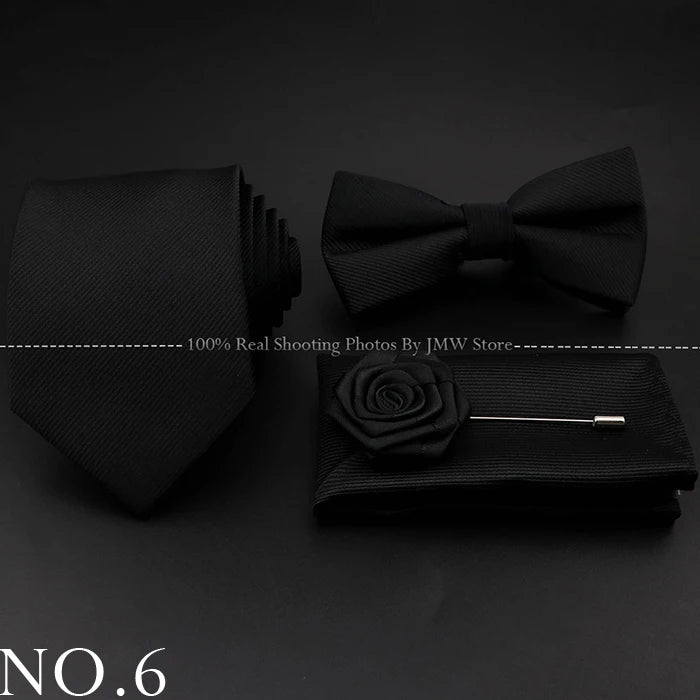 Hot Sale Red Blue Tie Set Polyester Slim Striped Necktie Bowtie Cufflink Brooch For Groom Suit Wedding Cravat Shirt Accessory