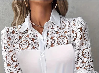 White Lace Hollow Blouses And Shirt For Women Elegant Ladies Office Shirt Long Sleeve Button Tops Fashion Lapel Women's Clothing