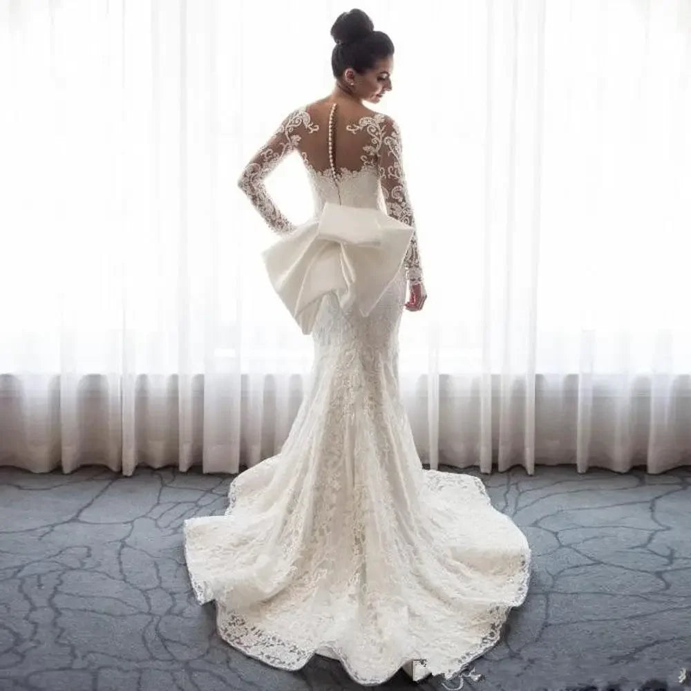 Customized Mermaid Wedding Dresses Sheer Neck Long Sleeves Illusion Full Lace Applique Bow Overskirts Button Back Chapel Train B