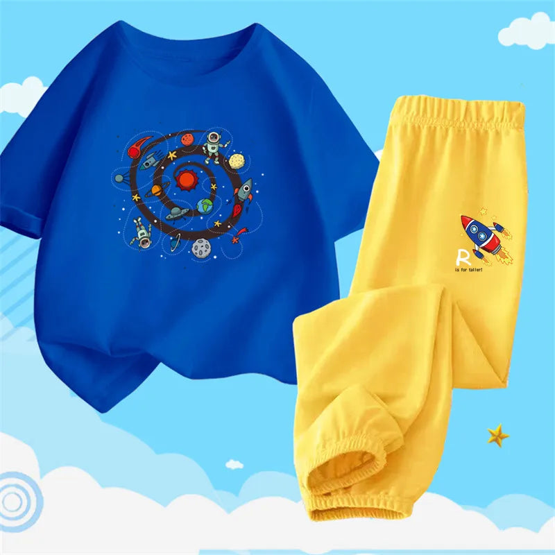 Boys Summer Clothes Set Kids Cartoon Space T shirts+Loose Harlan pants Suit 2PCS Pack Teens Sports Clothing Sets