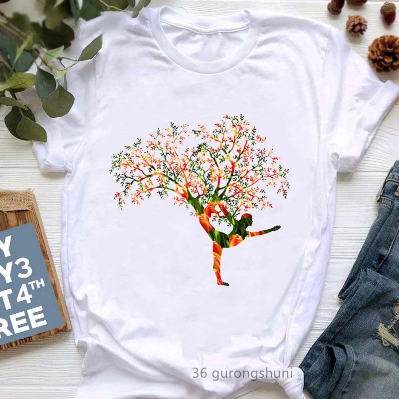 Newest Yoga Tree Print Tshirt Girls Summer Fashion Short Sleeve T Shirt Women Buddha Chakra Meditation T-Shirt Female Wholesale