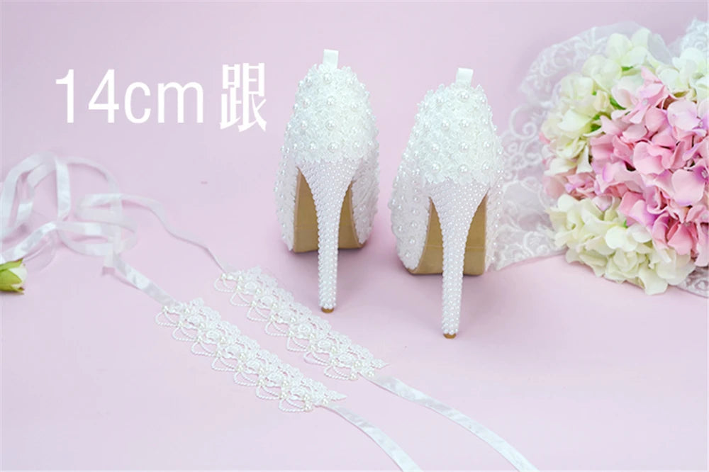 Spring round head shallow pearl lace with waterproof platform wedding shoes thin high-heeled banquet dress large size women shoe