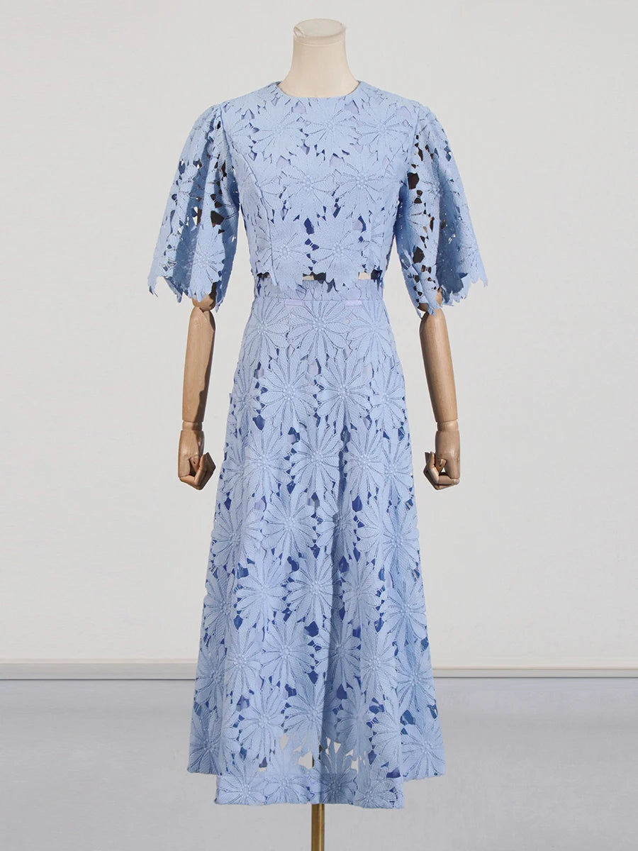 VGH Embroidery Two Piece Set for Women O Neck Batwing Sleeve Top High Waist Hollow Out A Line Long Skirt Elegant Suit Female New
